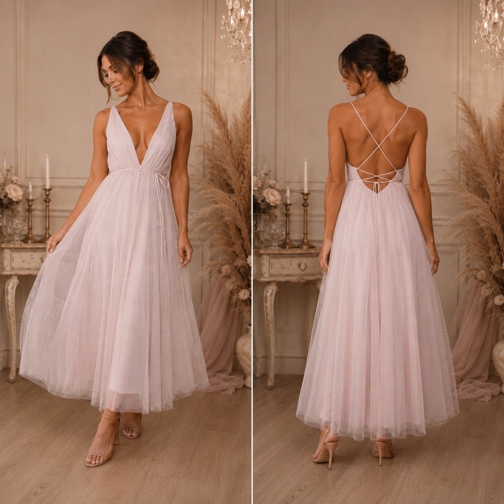 Women‎ Formal Dress Sz L Blush Pink Fairy Ethereal Romantic MIdi Prom HOCO NWT